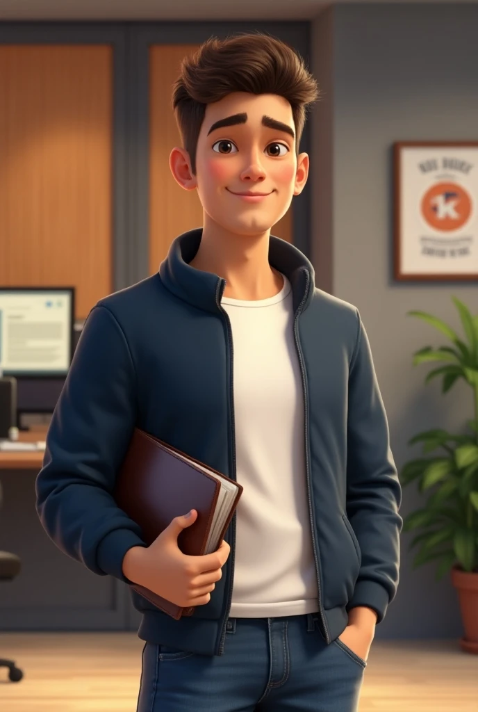 "Create a Pixar-style poster of Alex, a young man in his mid-20s, standing outside a university building with a university application folder in his hand. He has a confident and determined look on his face, with short hair neatly styled. Alex is dressed in...