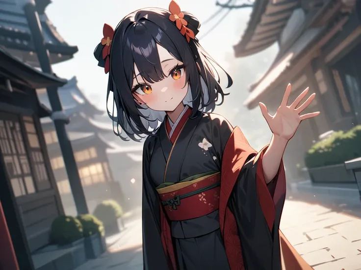 girl, Mori Sae  (New Year), Hololive, Lonely,  looking at the viewer, outdoor,  cinematic angle , waving hand,  masterpiece ,  best quality , aesthetics,  high resolution 