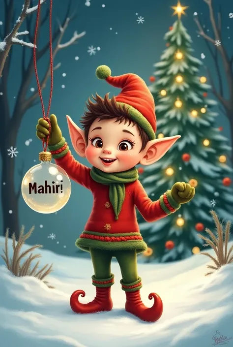 Christmas elf holding a transparent Christmas ball with the name Mahir on a Christmas background 