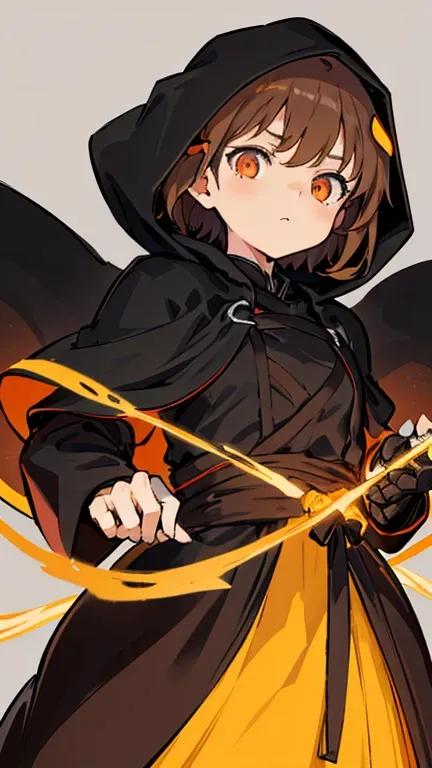 image of a black robe and hood is on a white background, solo, gloves, simple background, white background,komari chika, short hair, reddish-brown hair, yellow,komari chika, short hair, reddish-brown hair, yellow,faceless, nazgul,glowing eyes 