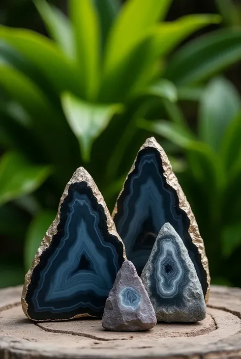 A display of raw  and polished triangle standing semi-precious stones, such as Black Agate, with each stone highlighted in natural light and green plants in the background