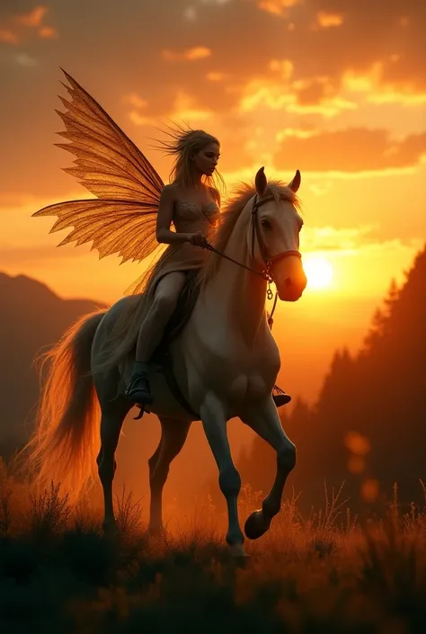 Fae shapeshifter rides horse in sunset 