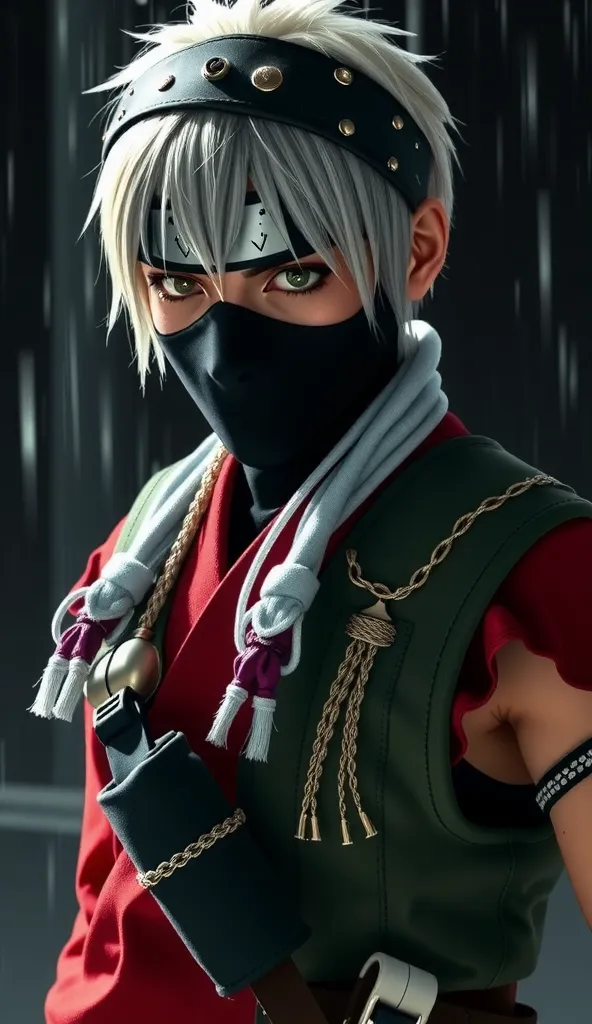 kakashi hatake, age 30, portrait from chest to hips, masked shinobi with silver hair and a visible dark grey eye, wearing a stan...