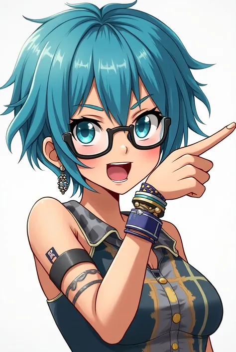 anime,  womens short hair color blue , blue eyes, many bracelets , glasses, earrings, annoyed, pointing to the left with the right arm,  Open mouth.