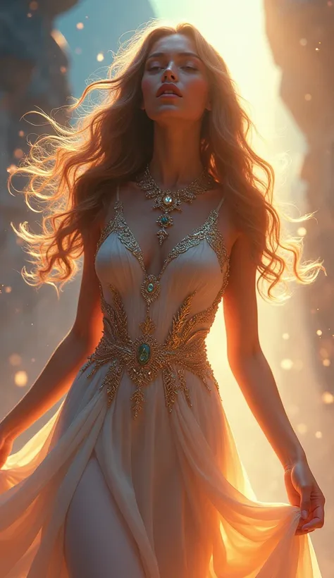 a beautiful goddess descending to Earth ,  powerful and dazzling colorful backlight, 1 ,  long flowing hair , flawless skin, elegant expression, funny pose, intricate dress, ornate jewelry,  dramatic lighting , bright aura, ethereal atmosphere,  cinematogr...