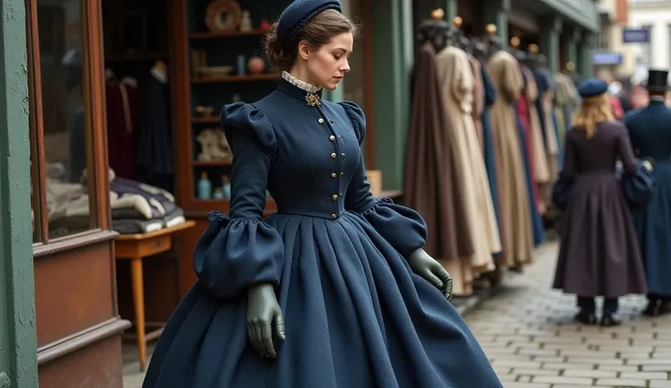 A woman from England around 1850, dressed in a structured gown with a fitted bodice and full skirt supported by a crinoline. The dress is made of dark blue wool, with buttons down the front and a high collar. She wears a brooch at the collar, and her sleev...