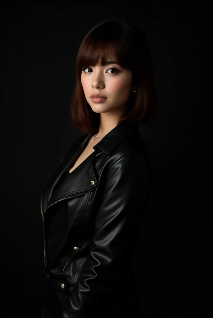  a girl with a somewhat large breast with shoulder-length hair with a brown fringe with a short neck, wearing a black leather jacket with a black background posing for a catalog
