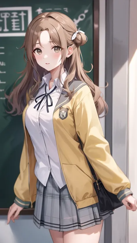 masterpiece, best quality, highres, hmhi, long hair, single side bun, hair ribbon, neck ribbon, school uniform, white shirt, yellow cardigan, open clothes, long sleeves, plaid skirt, grey skirt, pleated skirt, 