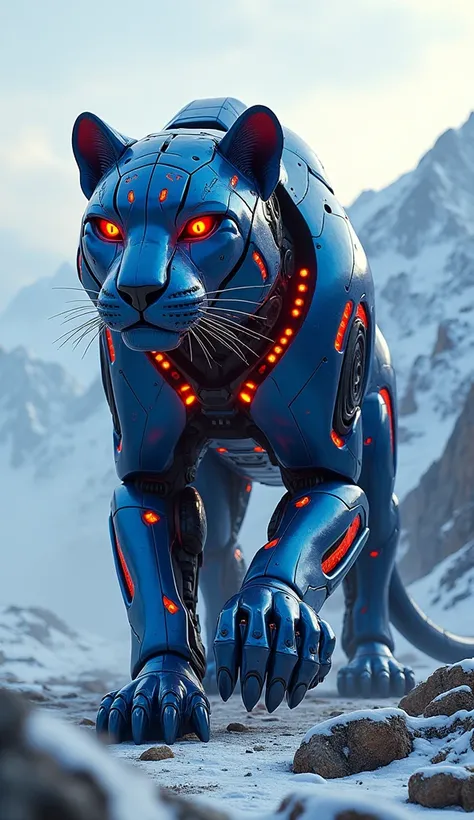 Colossal robot embodying a snow leopard from Mongolia, with blue and red colors.