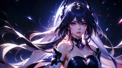 the girl has a dynamic pose and a front view, dark space background