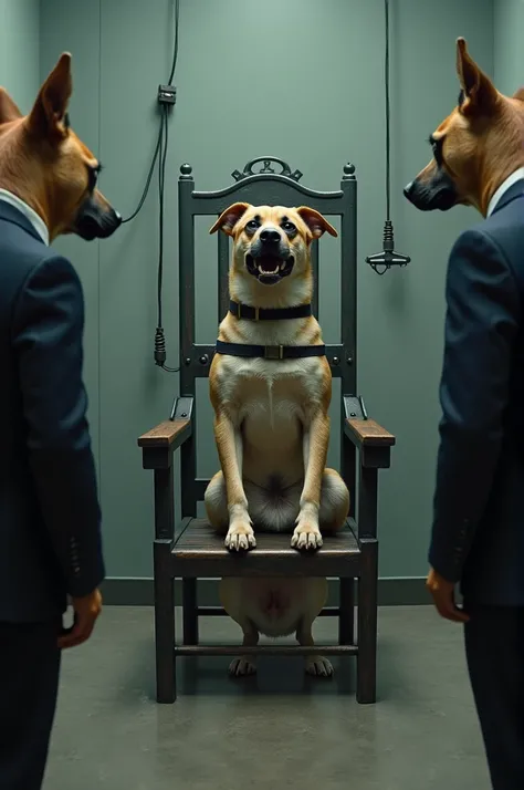 A dog in an electric chair with two other dogs dressed in suits watching