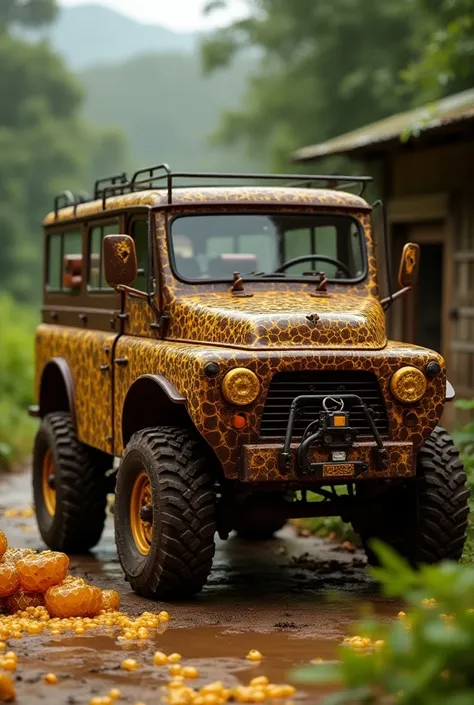 A cargo utility car painted with chocolate colors and details of honey and honeycombs