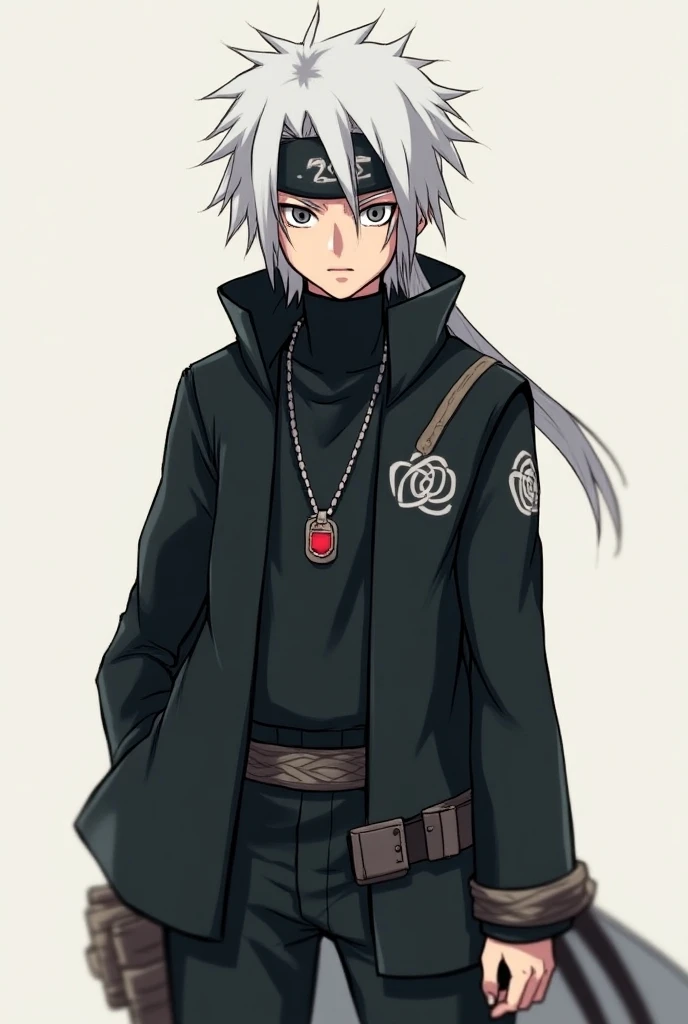  Create a character with these characteristics 
has strong traits ,  light, lightly tanned skin and a deep and serious look .  His white hair , typical of the clan ,  is wavy and falls to the shoulders .  He wears them loose ,  with a ninja headband to kee...