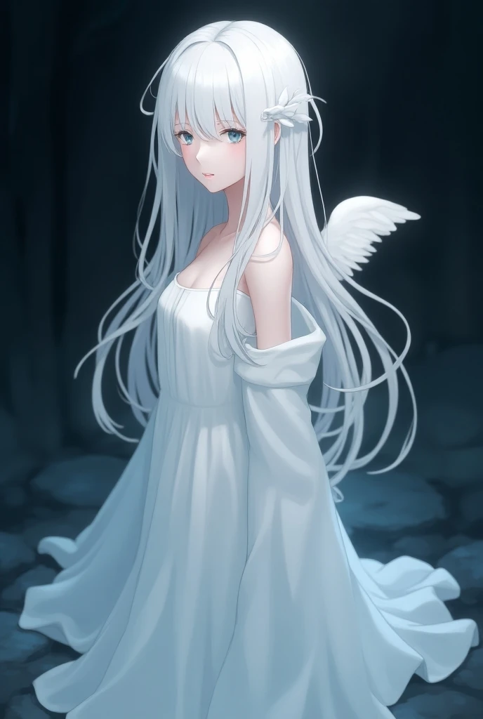 White waist-length hair with bangs, all-white goddess clothing and a white wing and a very white skin color in a dark place hiding the eye with white tin "anime"