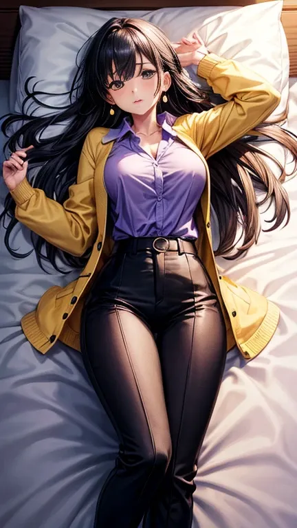 A girl lying on bed full body image,wearing watch, wearing earrings, wearing purple dress shirt, yellow cardigan, trousers black, big thighs and breast 