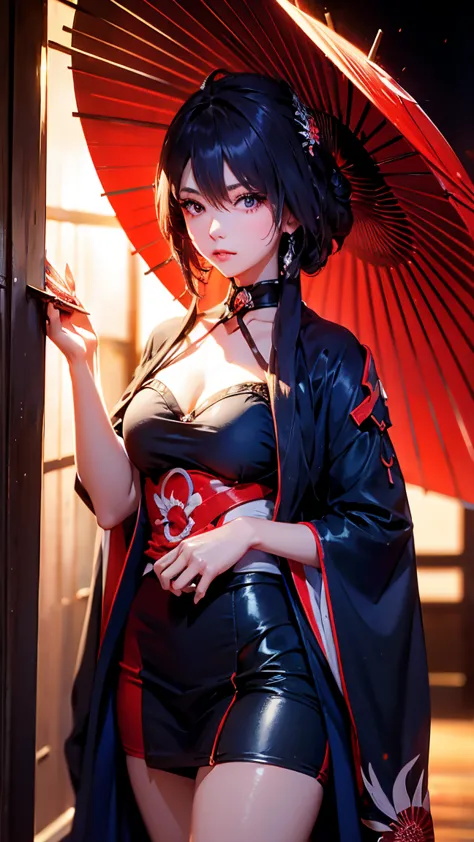 girl standing in a sexy position with a red japanese umbrella against the wall, dark background, a red spotlight shines right at...