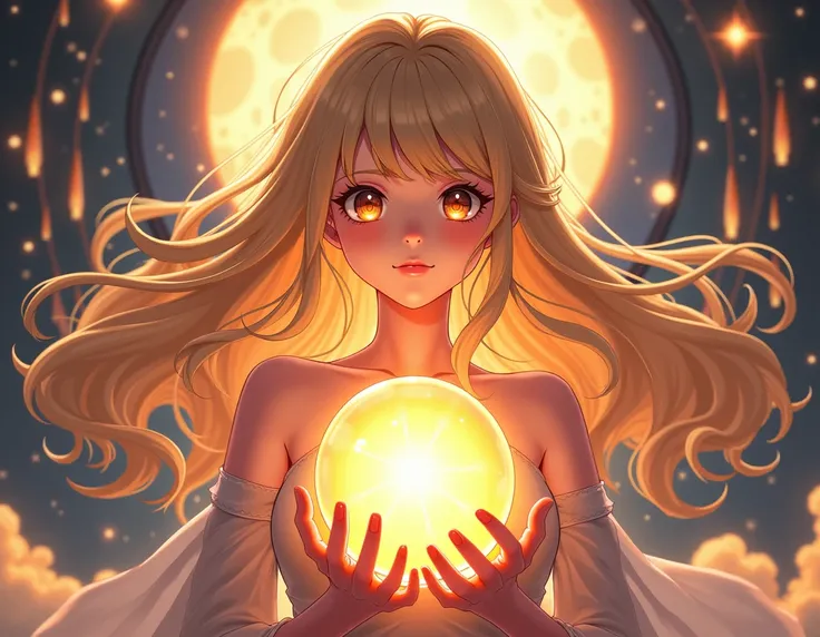 a beautiful anime girl named lux, detailed face with large expressive eyes, long flowing hair, holding a glowing sun, intricate detailed background, epic cinematic lighting, vibrant colorful, digital painting, 8k, highres, masterpiece