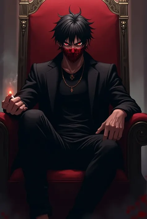 Red-eyed black-haired male anime character sitting on a throne wearing a black ninja costume with a red mask holding a cigar in his hand and looking angrily