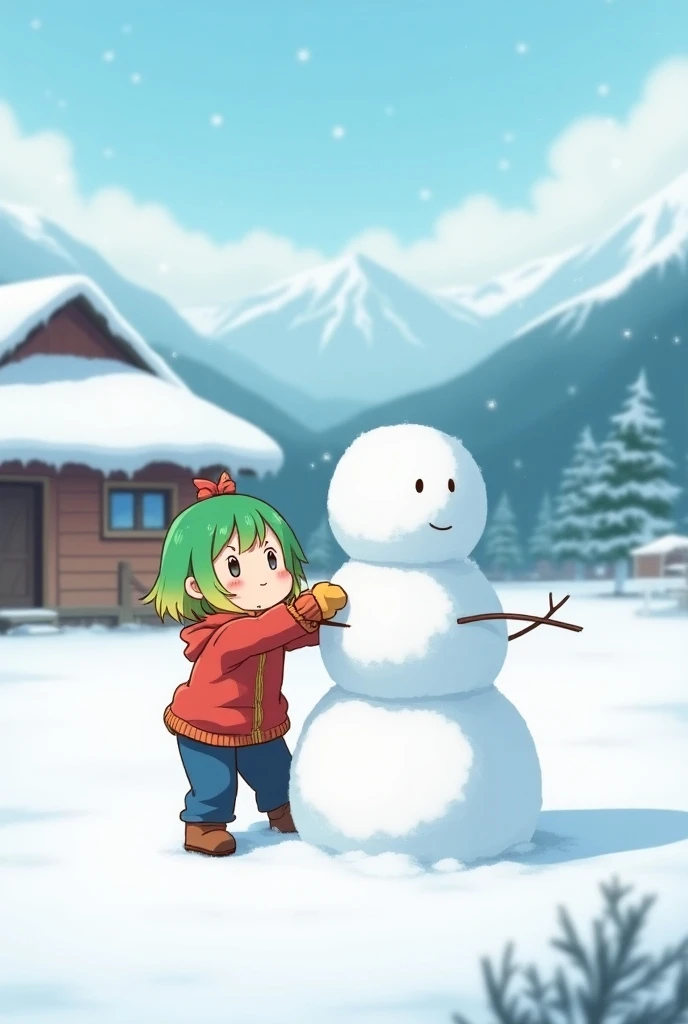 _ A modern photo shoot , Banchan Happily Building A Snowman With Olive Eyes, One house background, Snowy Mountains Background, snowfall, (Green Hair Banchan:0.8), (Yellow Hair Banchan:0.7), (Ombre Banchan Hair:0.4),  (Focus on Banchan: 0.8), Zoom Lens Phot...