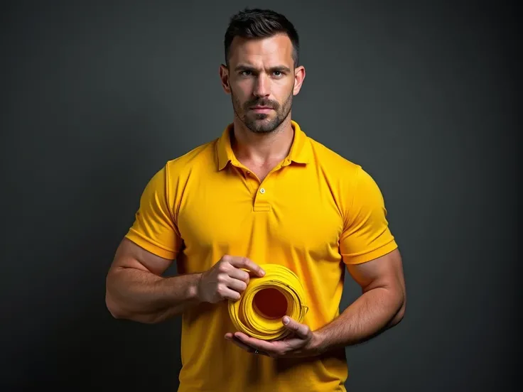  professional photography,  A brutal man in a yellow polo , holds a coil of yellow , everything should be sharp , dark gray background
