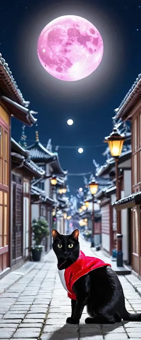 Noble and elegant black cat 、 illuminated city 、 wearing Santa clothes for cats、 see here、No humans appear、 pink moon shining 