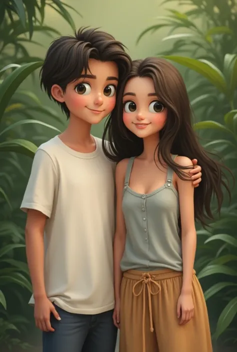 

"Create an image of a brother and sister. The brother is , with a fair complexion, weighing 46 kg. The sister is , also with a fair complexion, and weighs 48 kg. They should appear friendly and connected, standing together in a natural, casual setting."