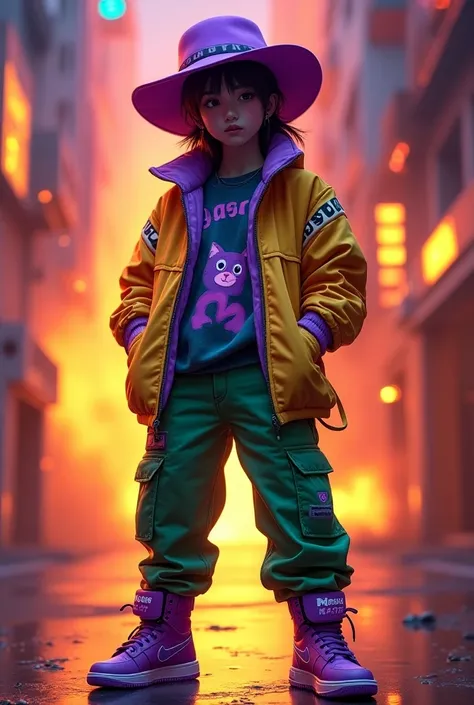 Character wearing green pants Dang Master sneakers purple sound hat purple eye chest cat FREFIRE 