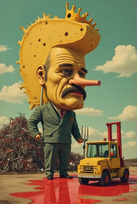  Create a retro image of a man with a huge nose and a hollow head from which grows one large neuron that holds camembert cheese.  Next to him stands a forklift with pitchforks and a giant crown on the roof .  A forklift stands on a destroyed pile of bicycl...