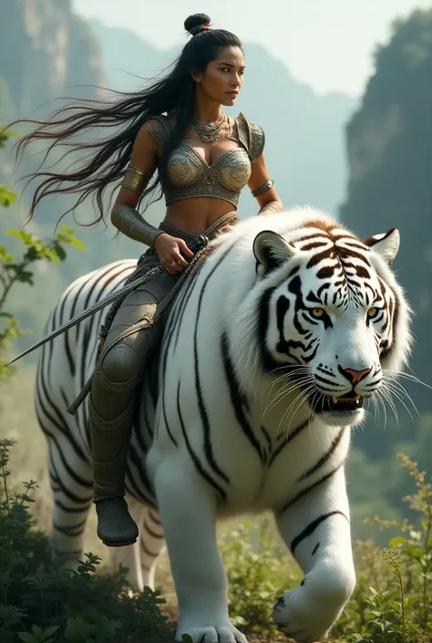 Beautiful warrior with long wavy hair riding a white tiger 