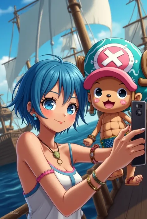 anime,  womens short hair color blue , blue eyes, many bracelets , earrings, Taking a picture with Chopper from One Piece, background a pirate ship.