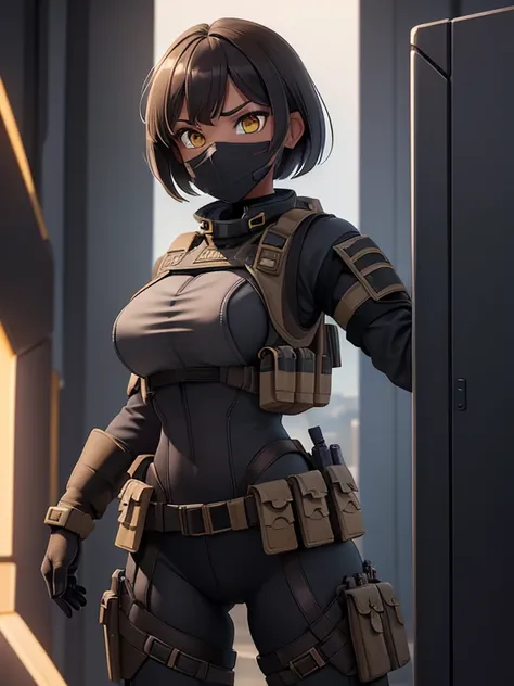 (masterpiece:1.2), best quality, high resolution, unity 8k wallpaper, (illustration:0.8), 1girl, solo, a woman in her mid-twenties, yellow eyes, tan-bronze skin, short, black hair, (Wearing: Metallic muzzle covering mouth, Gray tactical suit, black bulletp...