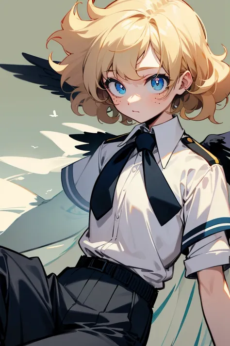  create a character my anime hero academy female .  blue-eyed girl. height: 163 cm.  Blonde curly hair just below her shoulders ,  lie cascading .  clothes : naked shirt,  tucked into ,  and on top of it a dark blue tie .  Black cargo pants ,  They have a ...