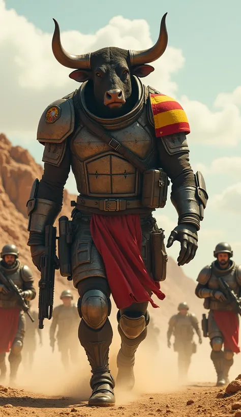 Ultra-detailed 8k image of a towering anthropomorphic bull warrior representing Spain, marching with Spanish special forces soldiers through a dry, rocky terrain. The giant bull wears tactical armor with bullfighter motifs and the Spanish flag patch, exudi...