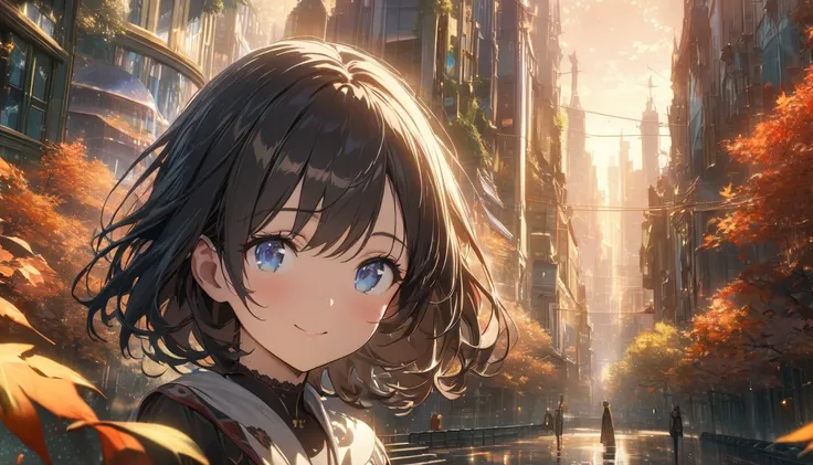 one girl,black hair and bob hair、beautiful blue eyes、smile、gentle smile on her face、flat chest, one Beautiful girl,((masterpiece, illustration, best quality) ((ultra-detailed)), "The peaceful forest of a late afternoon in autumn." Looking out at the city w...