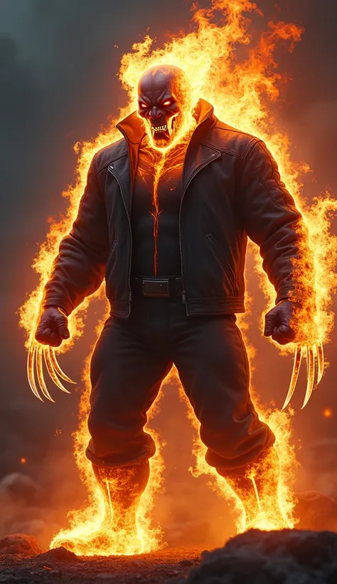 Create a 9:16 photorealistic image of an angry giant hybrid creature combining the elements de (Motoqueiro Fantasma) & (Wolverine) Add Wolverines claws to your hands and put on the jacket of the dressed Ghost Rider