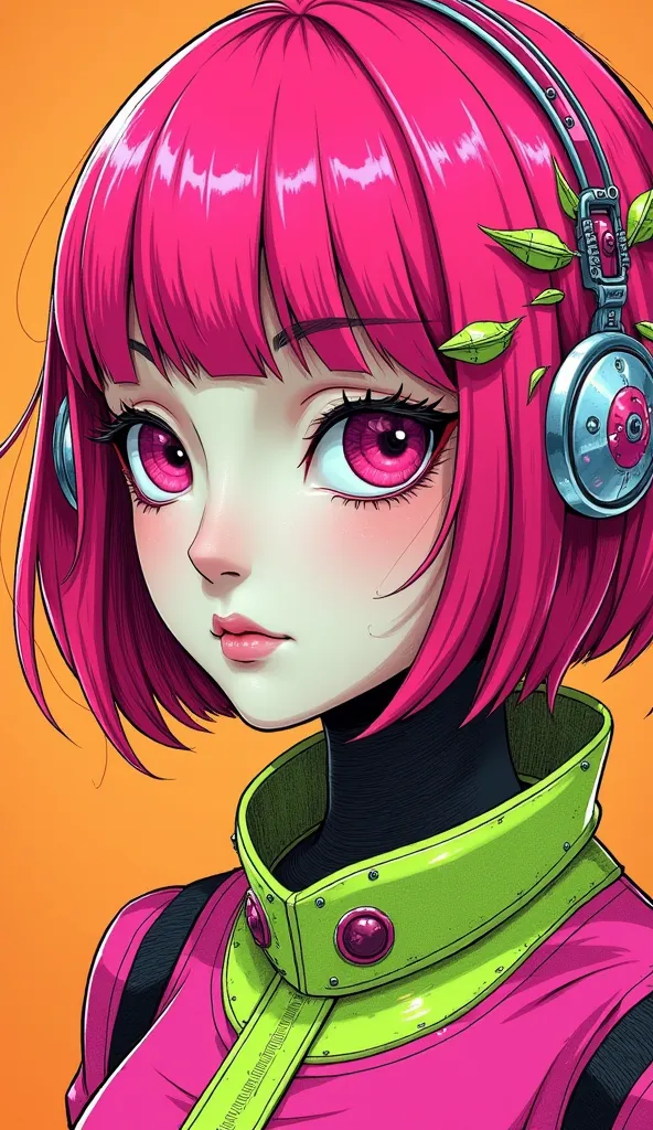 ((best quality)), ((masterpiece)), (detailed), perfect face of cyberpunk mecha japanese girl, neon pink body, neon pink hair, bi...