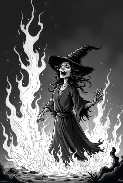  Great Fire Burning a Witch. In black and white, In the old style the cartoon 