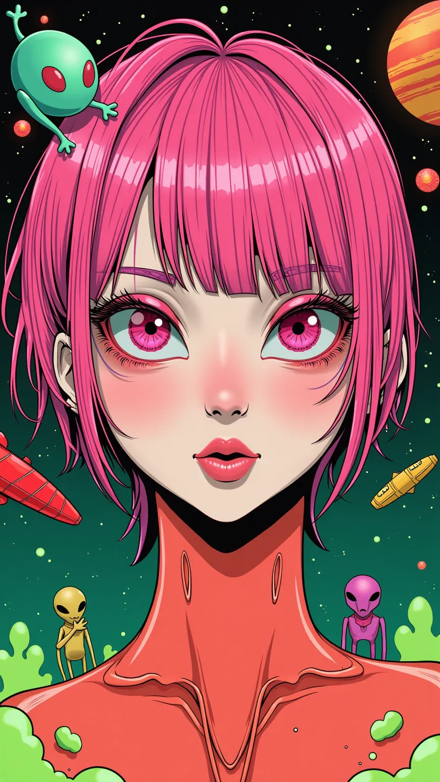 ((best quality)), ((masterpiece)), (detailed), perfect face of cyberpunk mecha japanese girl, neon pink body, neon pink hair, bi...