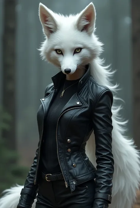 White fox with black pants and boots with womens anime leather jacket 