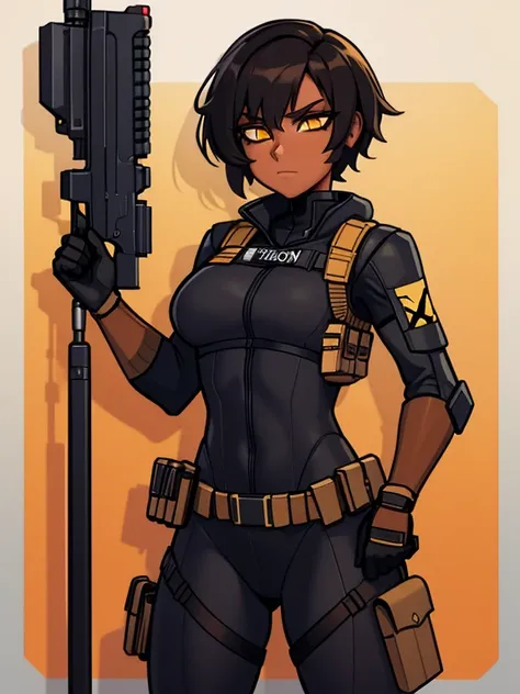 (masterpiece:1.2), best quality, high resolution, unity 8k wallpaper, (illustration:0.8), 1girl, solo, a woman in her mid-twenties, yellow eyes, tan-bronze skin, short, black hair, (Wearing: Gray tactical suit, black bulletproof, black gloves, utility belt...