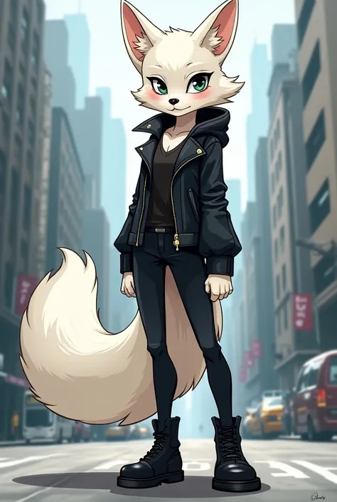 White fox with black pants and boots with leather jacket female cartoon 