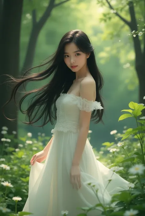 Girl with long black hair in the wind on her back, wearing a white dress in the middle of the forest  