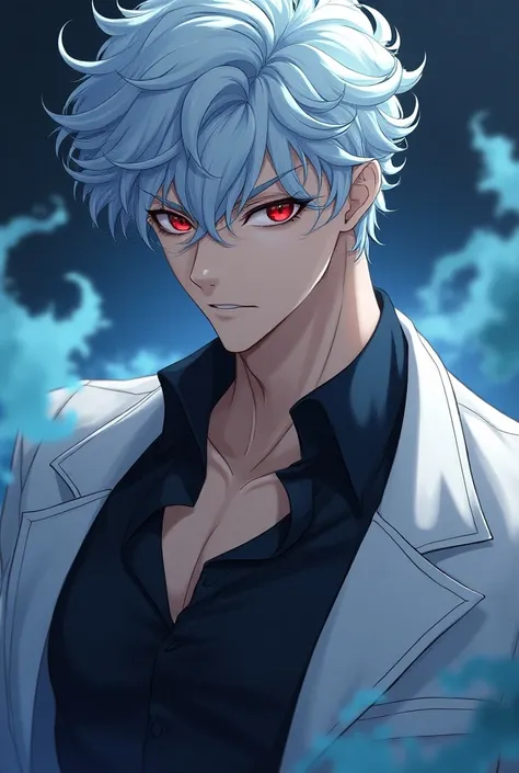 Anime male, Short light blue curly hair, pale skin, red crimson eyes, tall male, muscular, bulky noble, big eyelashes