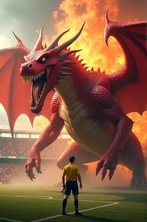 A terrifying red dragon stands on the football field, shooting fire out of its mouth 
With a referee wearing a yellow shirt with a whistle 