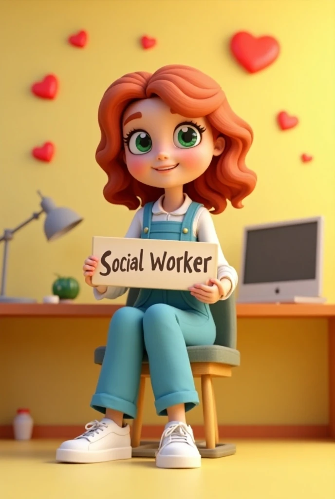  Create a 3D image of a girl with green eyes and wavy red hair dressed in a blue jumpsuit holding a sign written “Social Worker” wearing white sneakers sitting on a chair with a computer on the table the walls of the room must be light yellow with red hear...