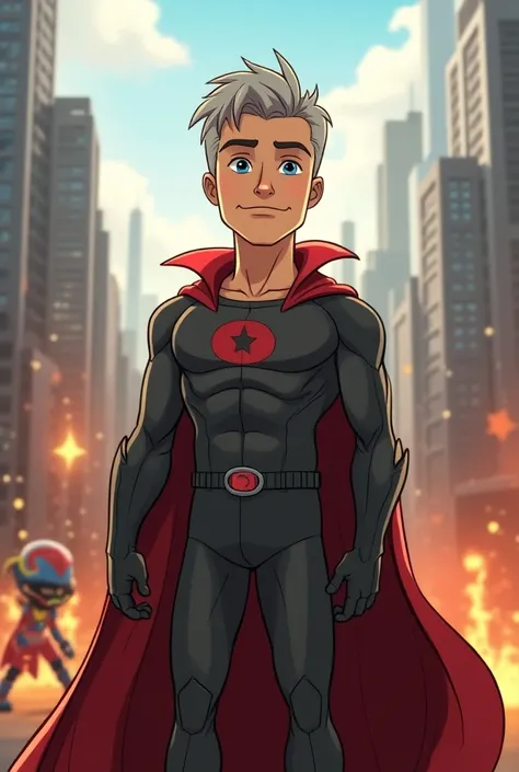 creates an animated comic book doll image of A muscular Caucasian male animated comic book superhero with short silver hair and blue eyes, wearing a gray suit and red cape, with an "O" on the suit, standing in front of a futuristic city skyline in chaos du...