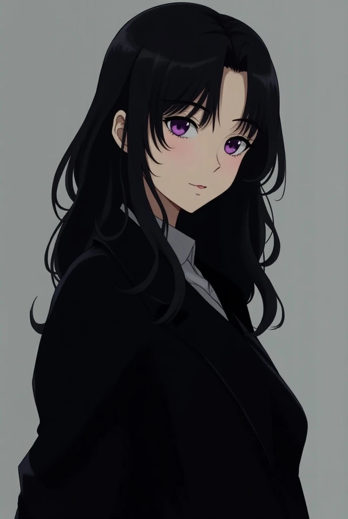  17-year-old woman with black hair , long and wavy, slightly tied . violet eyes,  calm and deep , conveying an aura of mystery and intelligence. delicate face,  but with defined features ,  giving her a mature appearance and someone with a strong presence....