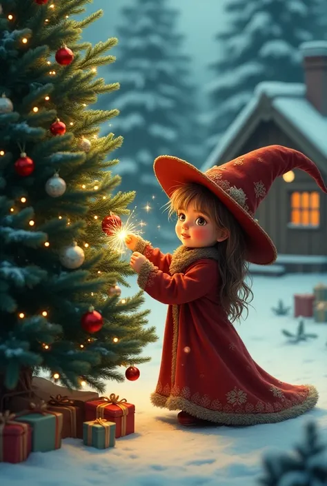 A little witch decorating a Christmas pine tree
