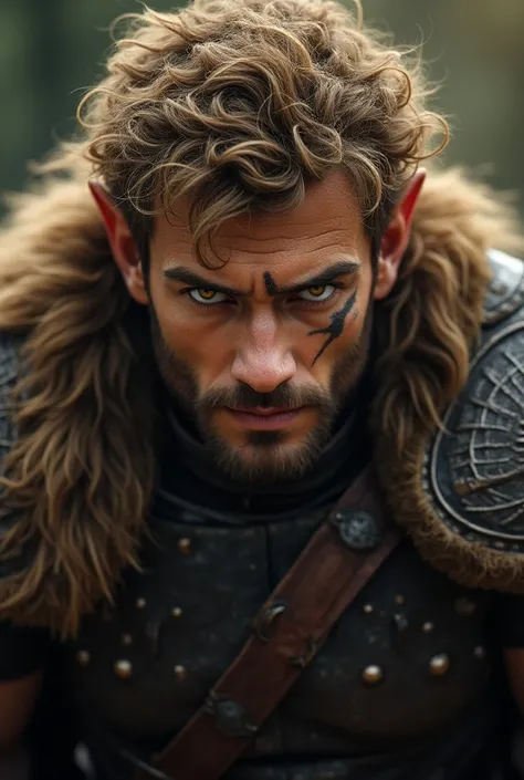 man,  light brown hair curly like a lions mane, lion&#39;s ear,  scar on the left eye ,  golden eyes, wearing hunting armor 