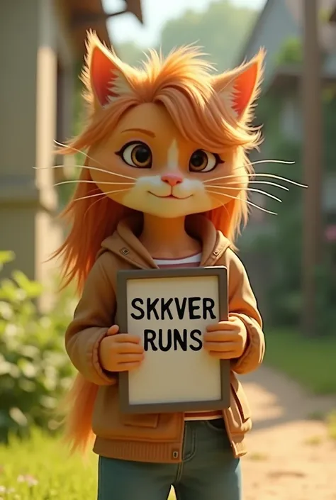 3d image, cute a cat, in the style of Pixar. Beautiful a cat holding white board with "SKKVER RUNS" written on it and showing it to viewer.